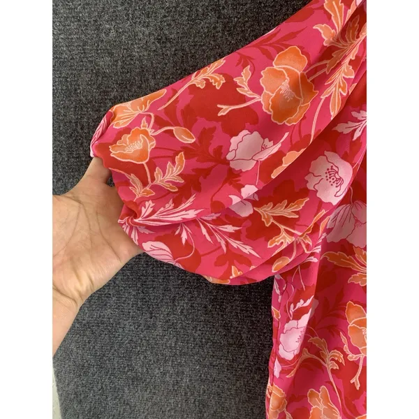 Pleione Pink & Orange Floral V- Neck Blouse Puff Sleeves Size M Coquette - Image 6