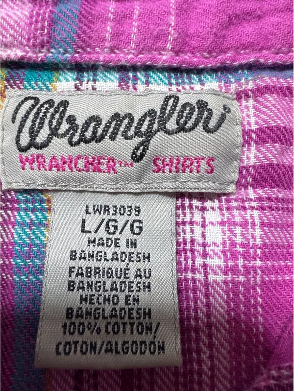 Wrangler Pink Plaid Snap Button Flannel Shirt - Size L - Flâ - Image 2