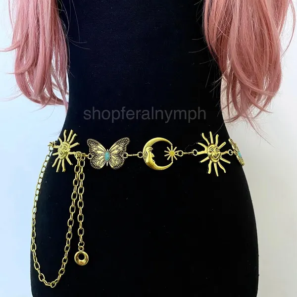Gold Y2K Celestial Sun Moon Butterfly Chain Belt, Fits 30 to 47 Inches, X7GA1325 - Image 2