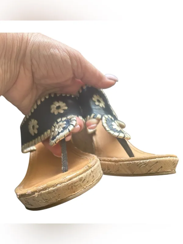 Jack Rogers Navy Blue Leather Cork Wedge Goldtone Flecked Thong Sandals 8 - Image 3