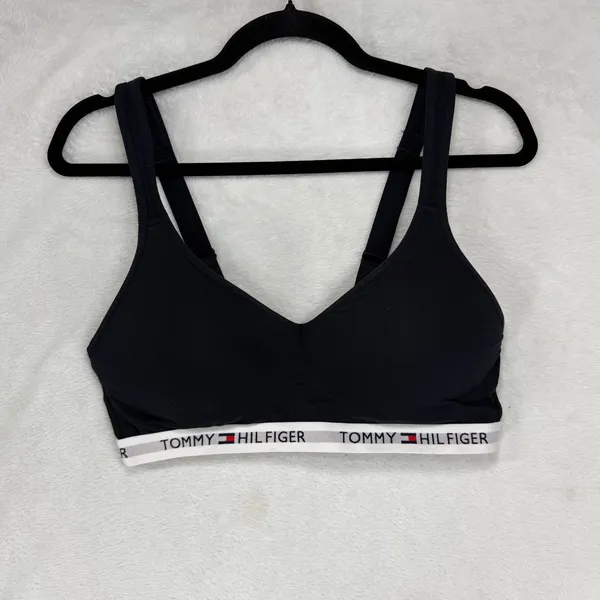 Tommy Hilfiger L Signature Logo Push-Up Bralette Black Wireless Sporty Bra Soft - Image 2