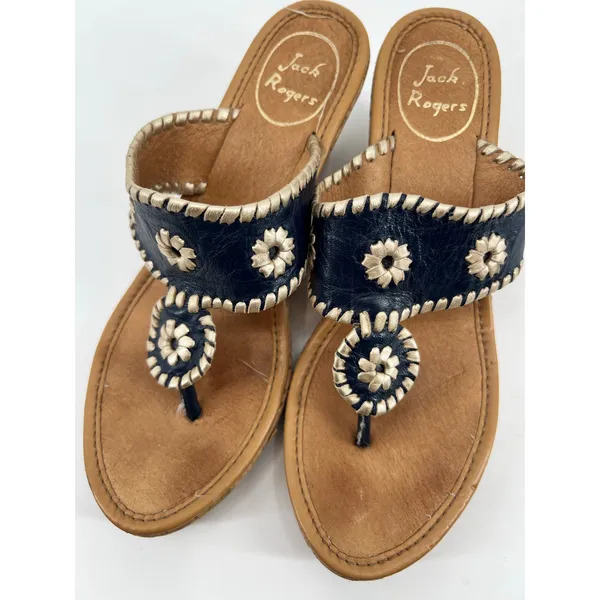 Jack Rogers Marbella navy blue leather cork wedge thong flip flop sandal size 8 - Image 6