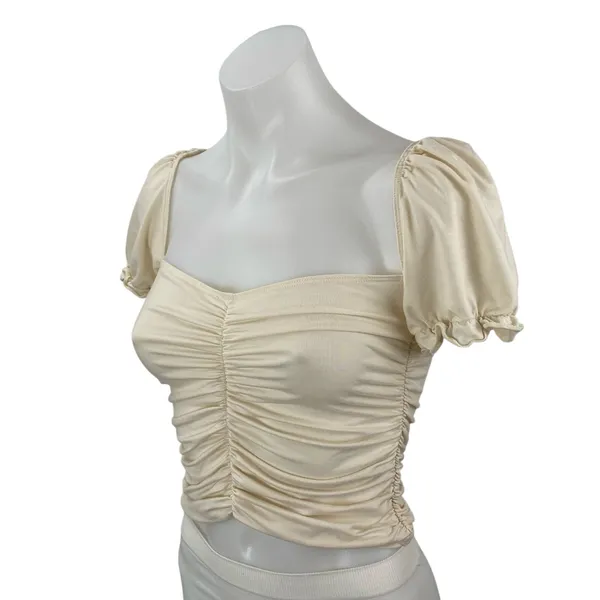 Reformation Fallow Womens Cream Ruched Puff Sleeve Square Neck Crop Blouse Top S - Image 2