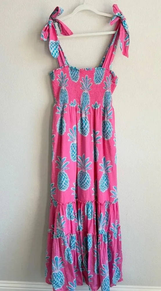 Crown & Ivy Women’s Dress M Pink Blue Pineapple Swiss Dot Smocked Maxi Beach - Image 9