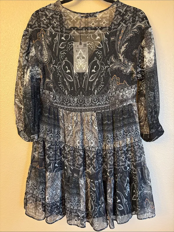 NEW! ZARA Black Gray Paisley Tiered Mini Dress SMALL Semi Sheer Balloon Sleeves - Image 8