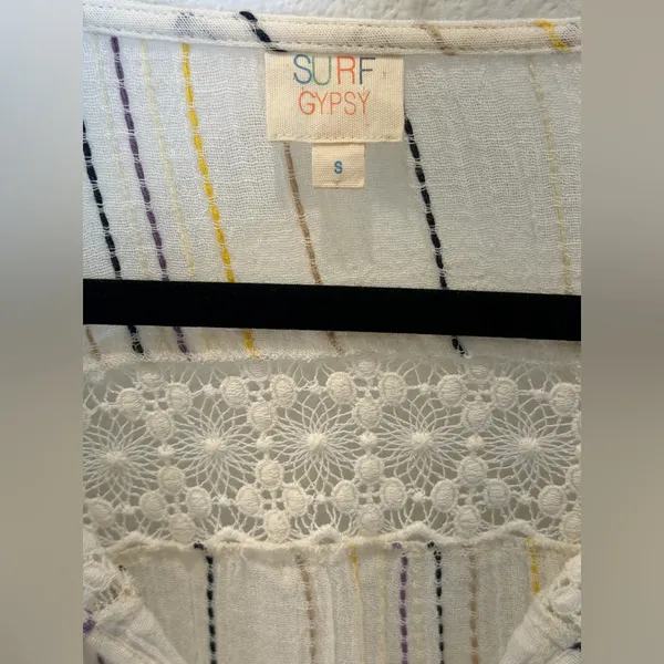 Surf Gypsy Boho Gauze Stripe Bell Sleeve Blouse Crochet Tassel V-Neck Top Small - Image 9