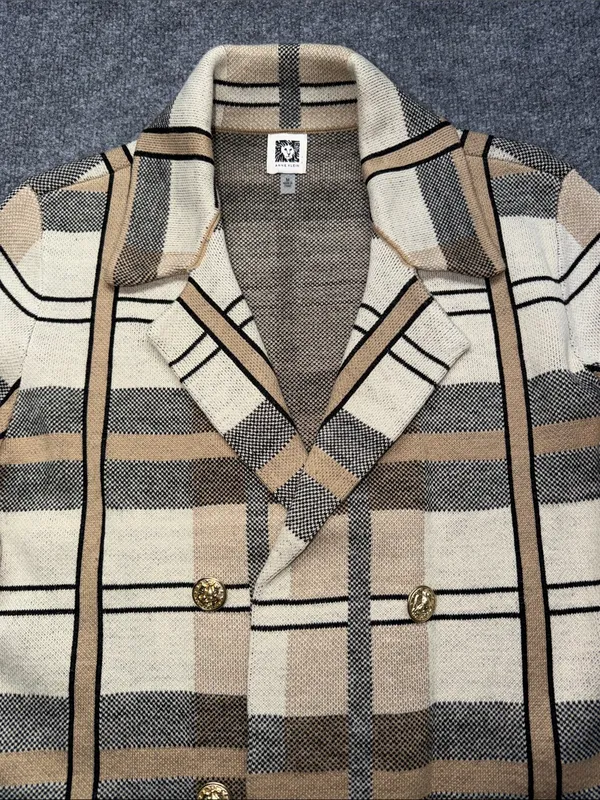 Anne Klein Plaid Double-Breasted Pea Coat in Cream & Tan - Image 3