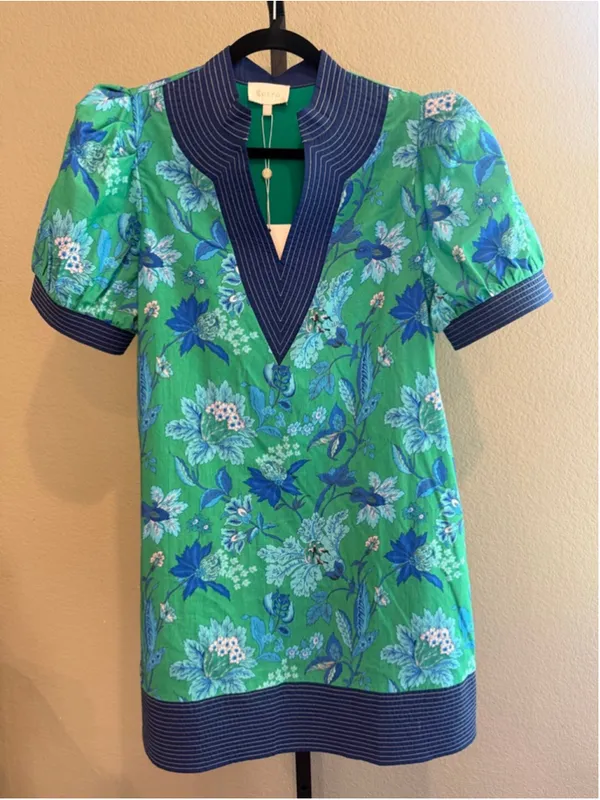 Entro Floral Print Band Contrast Mini Dress in Green/Navy Size S - Image 2