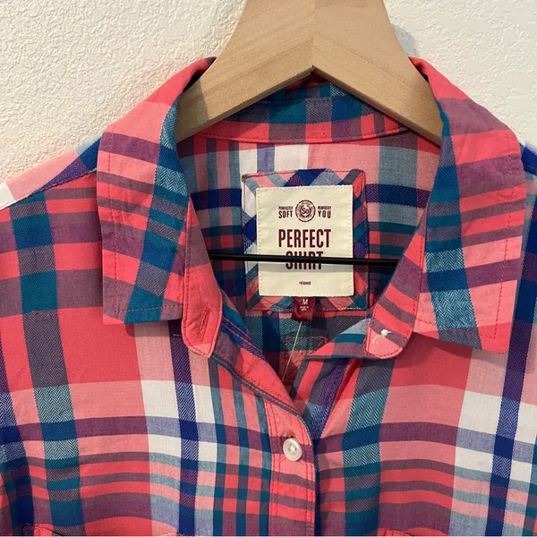 SO Perfect Shirt Pink &‎ Blue Plaid Soft Rayon Relaxed Fit Button Front Size M - Image 2