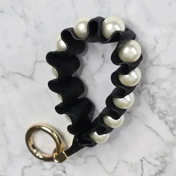 Black Faux Leather Pearl Accent Circle Clip Hook Wristlet‎ Keychain - Image 3