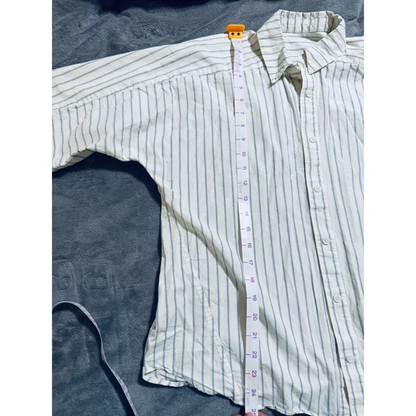 Source Unknown Pin Stripes Cream & Navy Women SZ XS Oversize 100% Cotton Causal‎ Short Sleeve - Image 4