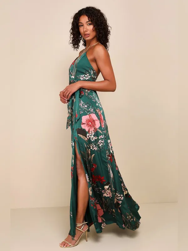 Lulus Still the One Emerald Green Floral Print Satin Maxi Dress Size Large NWT - Image 3