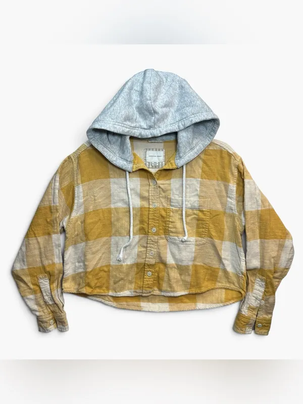 American Eagle Hooded Plaid Flannel Shirt Women Small Mustard Yellow Cropped - Image 3