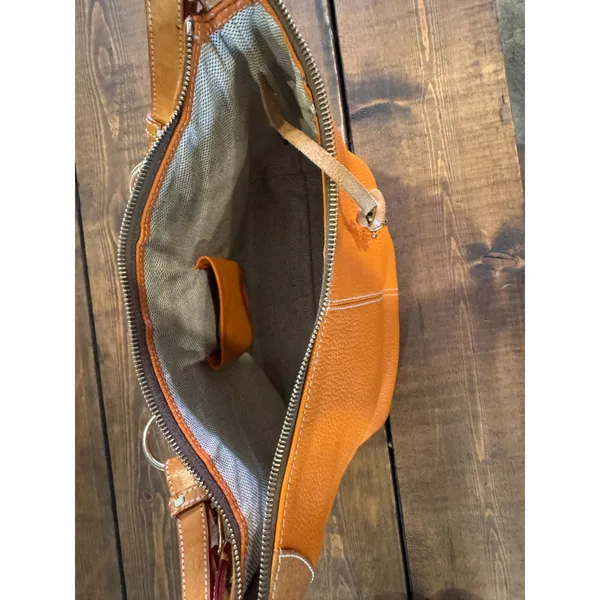 Dooney and Bourke Orange/Tan Pebbled Leather O-Ring Slouch Hobo Bag - Image 6