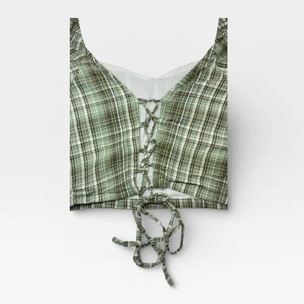 Dizzy Lizzy Green Plaid Milkmaid Corset Puff Sleeve Crop Top Medium - Image 4