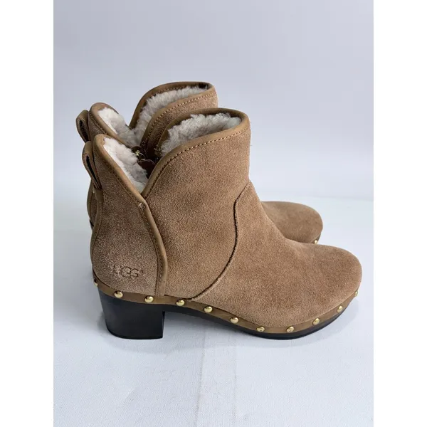 UGG Cam II Ankle Boots Chestnut Suede Shearling Lined Clog Heel Brass Studs 7 - Image 2