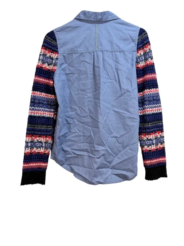 Free People Chambray Button Down Nordic Fair Isle Knit Lagenlook Top Shirt Shacket Small - Image 7