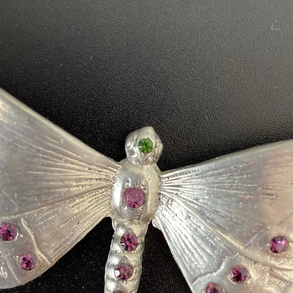 Vintage Silver Tone Rhinestone Butterfly Moth Brooch Pin Purple & Green Stones - Image 3