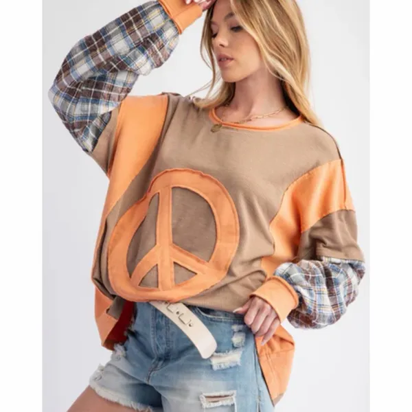 NWT Easel Peace Patch Mixed Mineral Washed Colorblock Plaid Top size large - Image 2