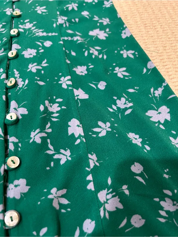 Mango Green with purple florals V-Neck button down mini Dress - Image 2