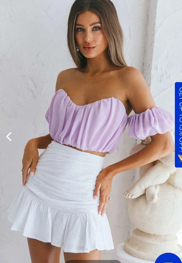 Selfie Leslie Bisous Sweetheart Neckline Ruched Off-Shoulder Crop Top Lilac - Image 2