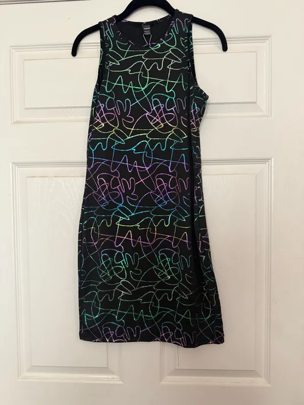 SHEIN Black Sleeveless Mini Dress with Multicolor Abstract Line Print - Image 2