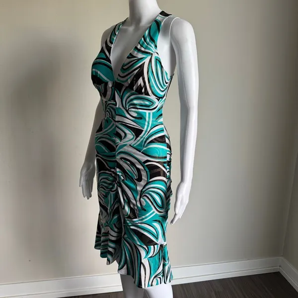 Vitnage Y2K Cache Swirl Print Micro Mesh Shimmer Ruched Dress - Image 4