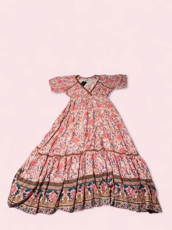 Pink Floral Maxi Dress with V-Neck and Flutter Sleeves - Image 2