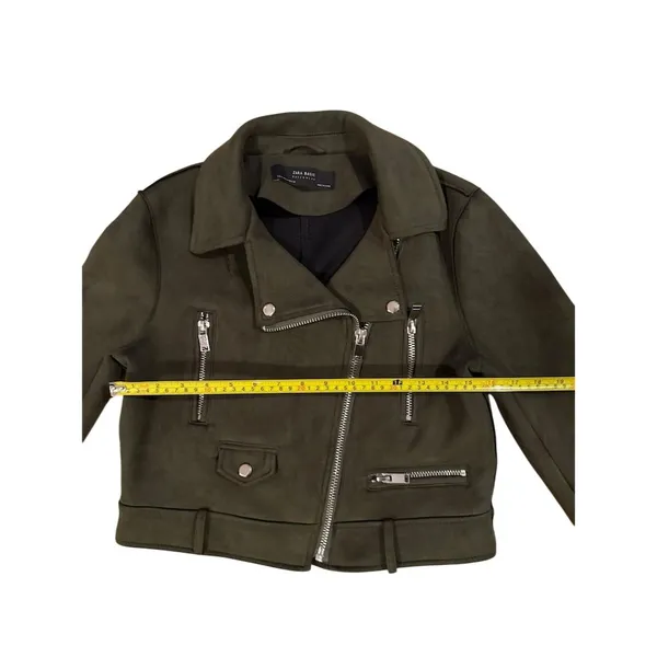 Zara Women's Olive Green Faux Suede Biker Jacket Size M - Image 3
