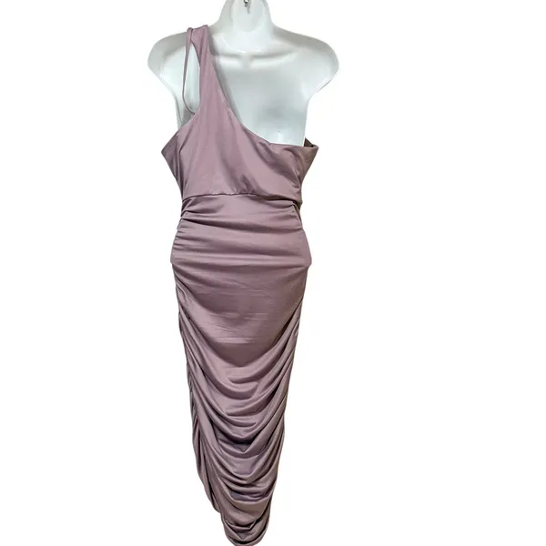 The Fashion Poet Mauve One Shoulder Ruched Bodycon Midi Dress XL Cutout Purple - Image 2
