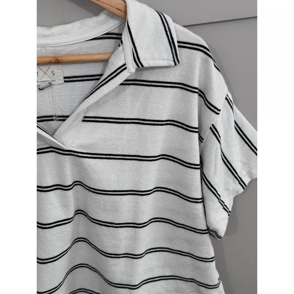 Thread & Supply Striped Polo Top Womens Small White Black V-Neck Short Sleeve - Image 3