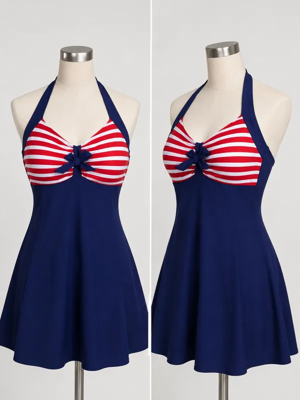 #S41 Navy Halter Swim Dress with Red & White Striped Bust - M - Image 2