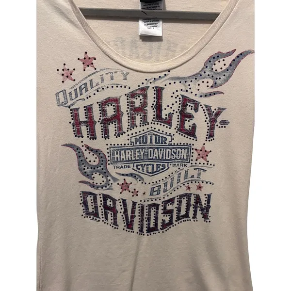 Harley Davidson Chicago IL T-Shirt Small Cream Graphic Tee Rhinestone Flame - Image 3