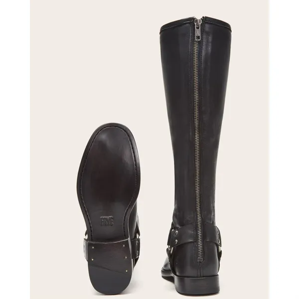 FRYE Black Leather Phillip Harness Tall Knee High Preppy Moto Riding Boots - Image 3