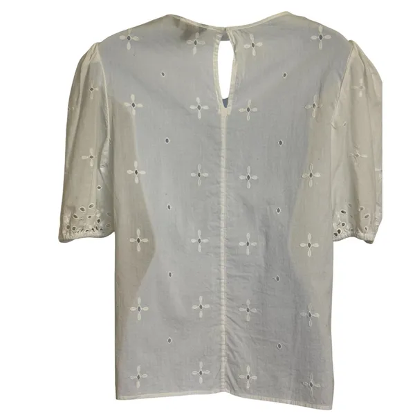 EXPRESS‎ Bright White Eyelet Puff Sleeve Floral Embroidered Blouse Top EUC Small - Image 5