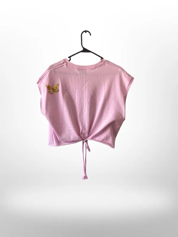 Handmade Butterfly Tie Front Back Pink Crop Tee L Adjustable - Image 2