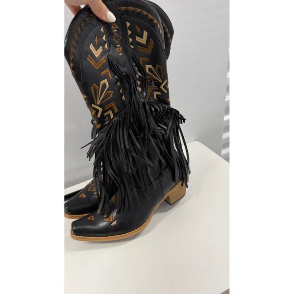 Women's Black Western Fringe Cowboy Boots Embroidered Pointed Toe Block Heel 8.5 - Image 4