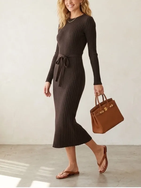 Quince Cotton Cashmere Ribbed Long Sleeve Crew Midi Dress, XL - Image 12