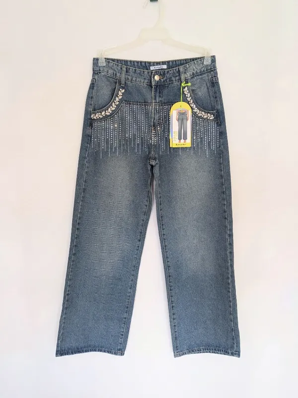Rhinestone Embellished Wide Leg Jeans Dark Wash Bling Denim Size M - Image 3