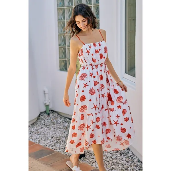 SO ME Shell Print Tiered Lined Midi Cami Dress With Belt‎ - Large - Image 3