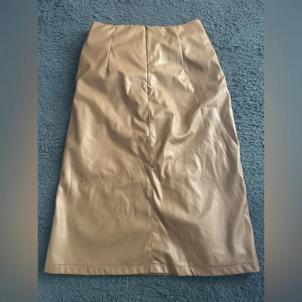 Choosy brand brown faux leather midi wrap skirt with side bow detail back zip L - Image 2