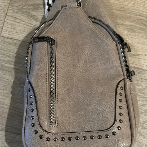 Chic Taupe Sling Bag with Black and White Strap - Image 3
