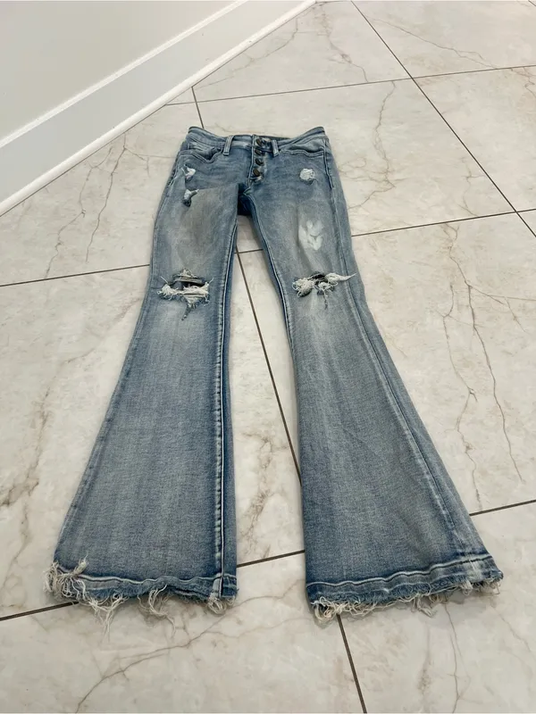 Altar'd State Blue Distressed Mid Rise Stretch Flare Jeans Size 7/27 - Image 2