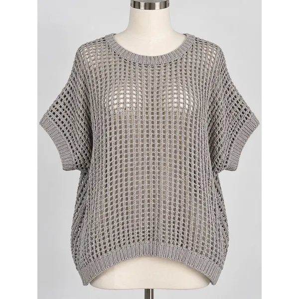 Women's Grey Open Knit Crochet Short Sleeve Sweater Top Small NEW with tags - Image 2