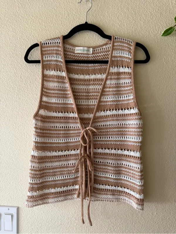 Charleston Stroll Top - Striped Crochet Tie-Front Camisole in Beige and Cream - Image 3
