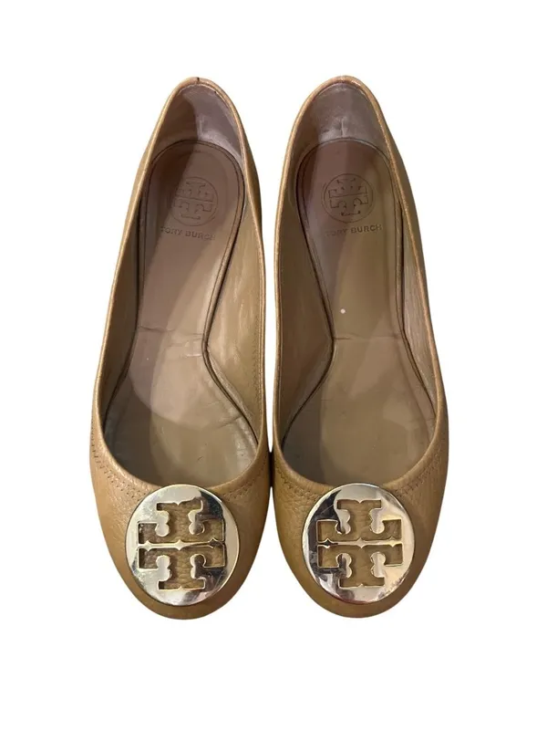 Tory Burch Reva Women’s 8.5 Royal Tan / Gold Metallic Leather Ballet Flats Used - Image 2