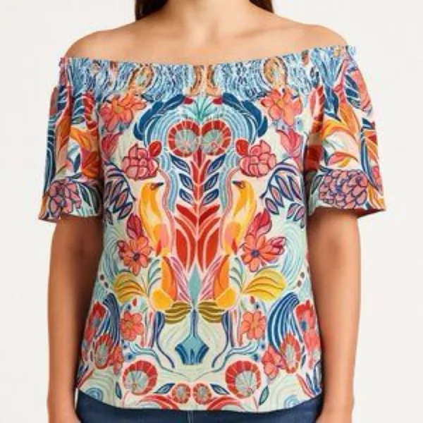 Flying Tomato Floral Bird Blouse L Multicolor Off Shoulder Boho Smocked Bold Top - Image 3