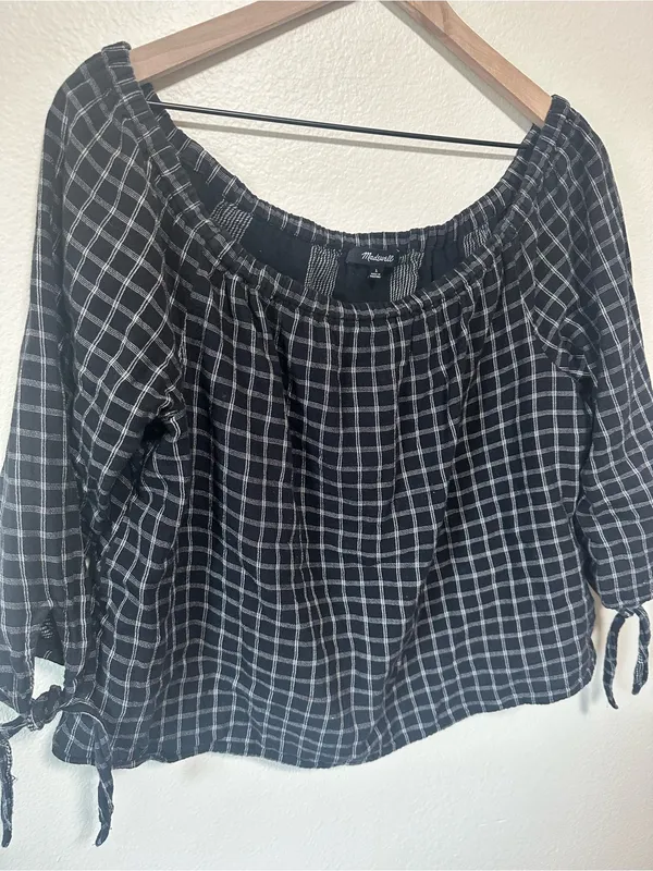 🖤Madewell Black and White Plaid Off-Shoulder Blouse - Image 5