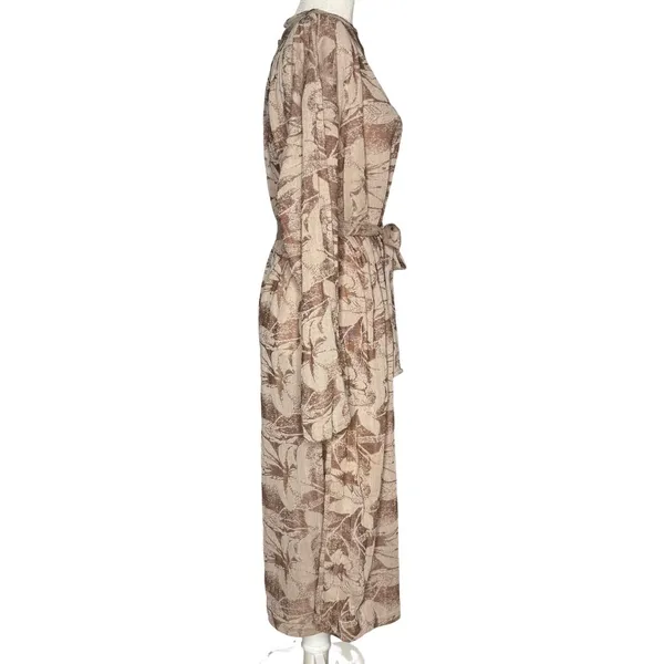 Zara Midi Dress Sz Large Long Mock Neck Party Career Belt Neutral Floral Stretch - Image 5