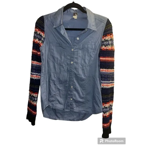 ✨We the Free People Fair Isle Sweater Knit Sleeve Chambray Sz SX✨ - Image 4